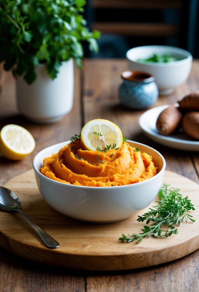 A bowl of mashed sweet potatoes with lemon slices and fresh herbs on a wooden table