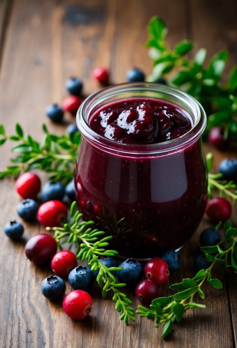 A jar of lingonberry sauce surrounded by fresh lingonberries and sprigs of greenery on a wooden table