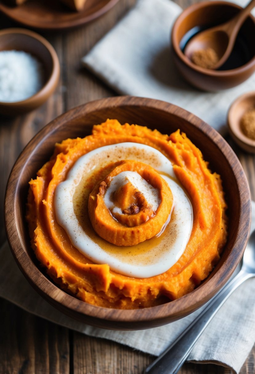 A rustic wooden bowl filled with creamy vegan coconut milk mashed sweet potatoes, topped with a sprinkle of cinnamon and a drizzle of maple syrup