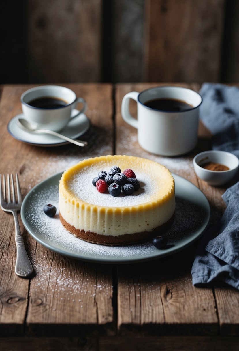 A rustic kitchen table set with a freshly baked Ostkaka cheesecake, adorned with lingonberries and a dusting of powdered sugar, accompanied by a pot of hot coffee