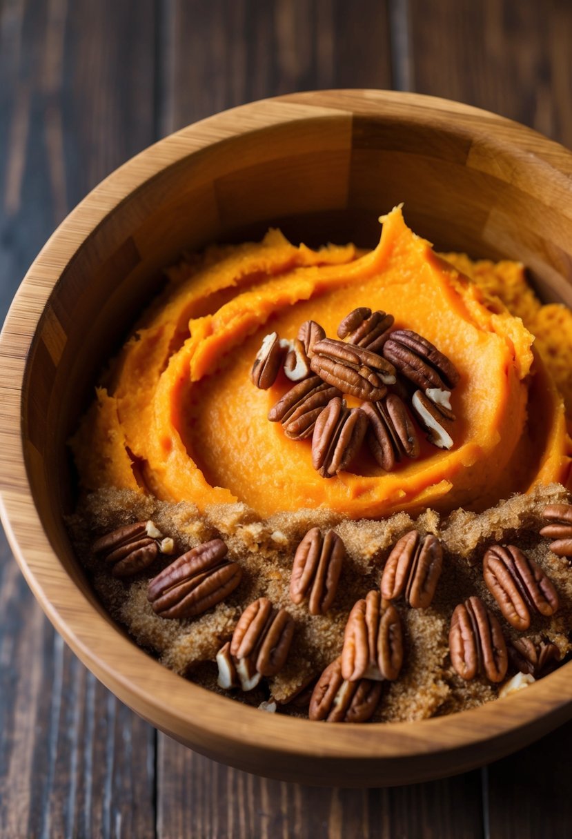 A wooden bowl filled with mashed sweet potatoes topped with a layer of brown sugar and pecans, ready to be mixed together