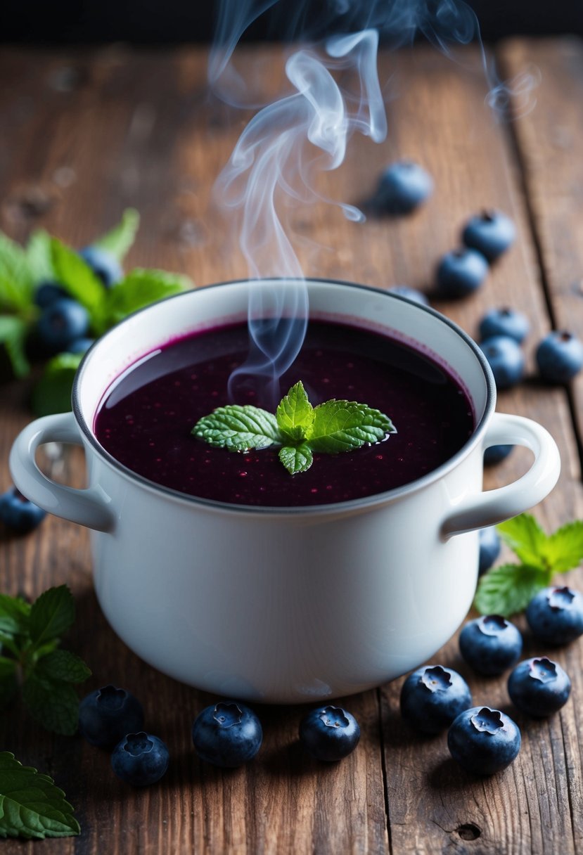 A steaming pot of blueberry soup sits on a rustic wooden table, surrounded by fresh blueberries and a sprig of mint