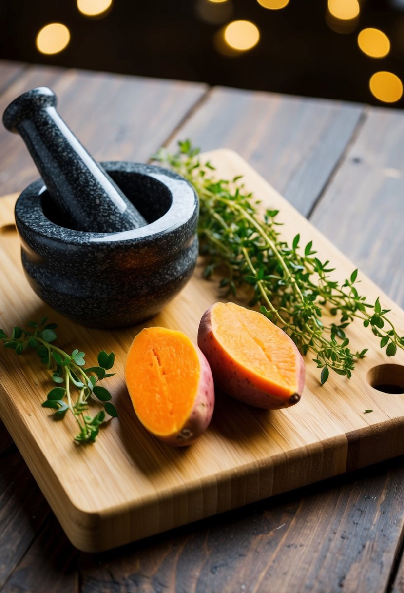 A wooden cutting board with fresh thyme, sweet potatoes, and a mortar and pestle for mashing