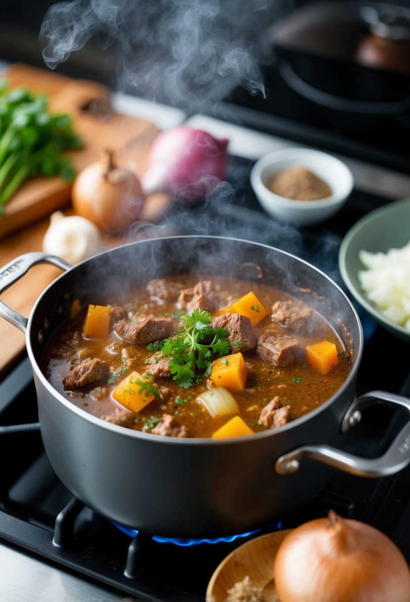 A steaming pot of Kalops simmering on a stovetop, surrounded by ingredients like beef, onions, and allspice