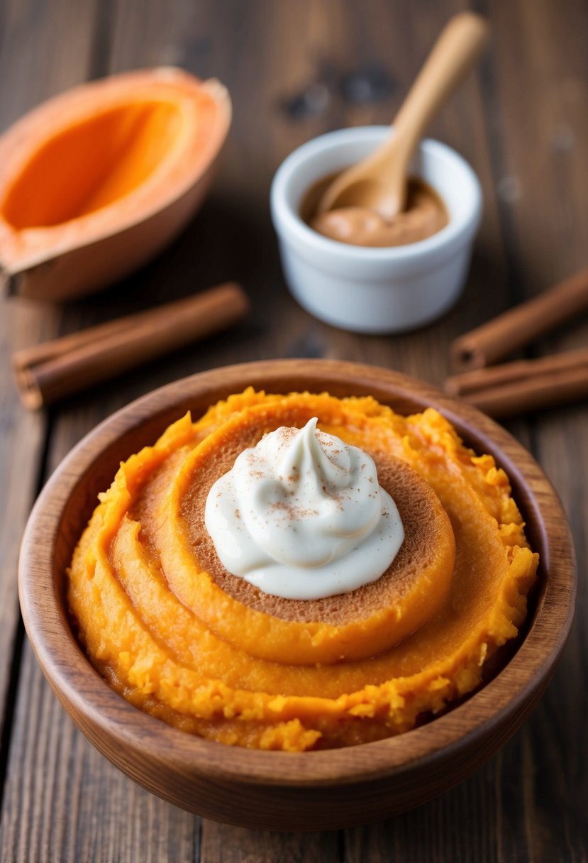 A wooden bowl filled with creamy sweet potato puree, topped with a dollop of cashew cream and a sprinkle of cinnamon