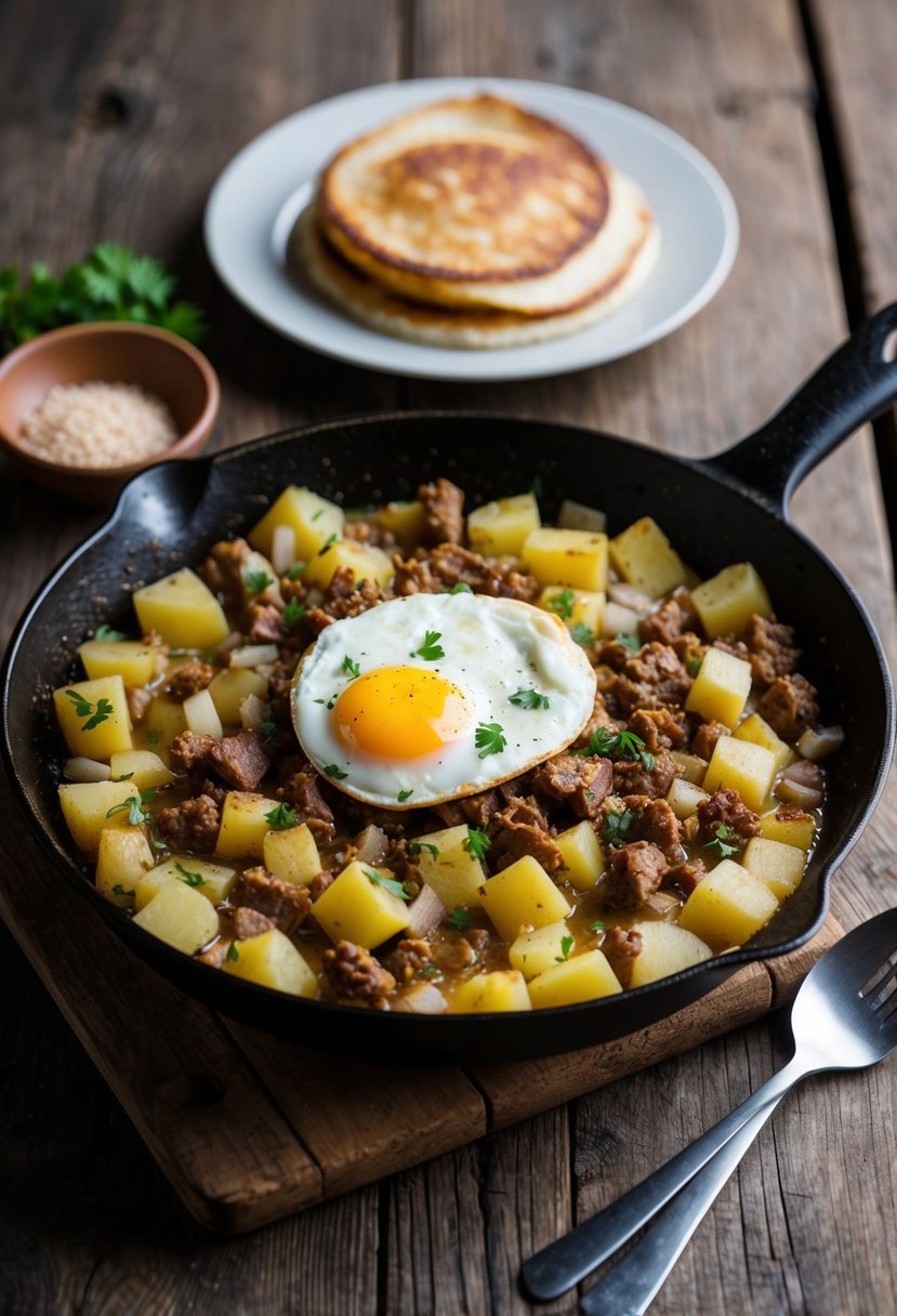 A sizzling skillet of Pytt i Panna with diced potatoes, onions, and meat, topped with a fried egg, served on a rustic wooden table