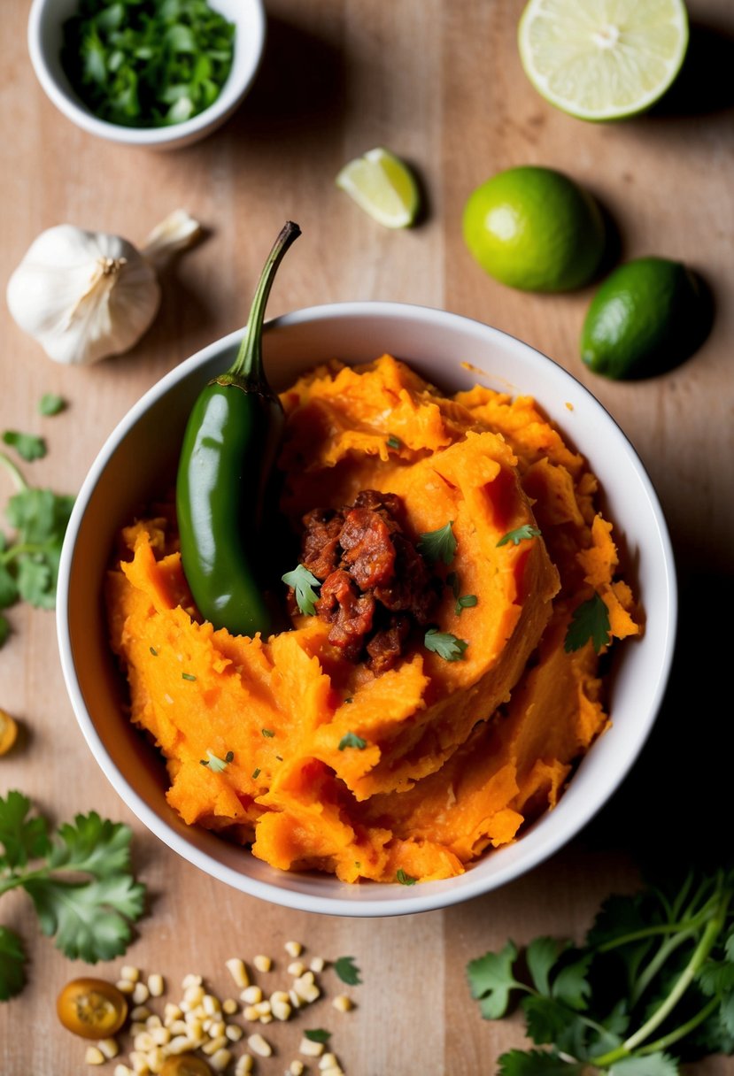 A vibrant orange sweet potato being mashed with a spicy chipotle pepper, surrounded by scattered ingredients like garlic, cilantro, and lime