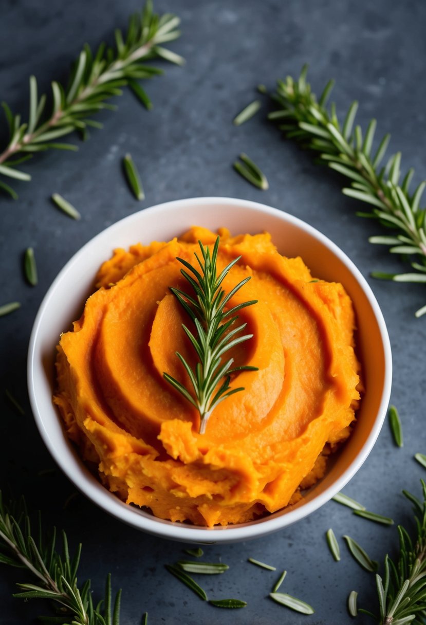 A bowl of mashed sweet potatoes with a sprig of rosemary on top, surrounded by scattered rosemary leaves