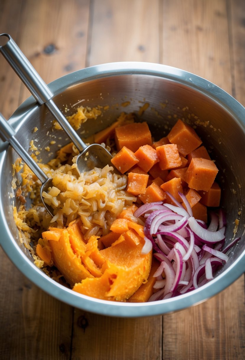 Caramelized onions and sweet potatoes being mashed together in a mixing bowl