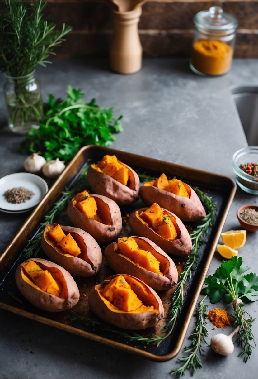 A rustic kitchen counter with a tray of golden baked sweet potatoes, surrounded by fresh herbs and colorful spices