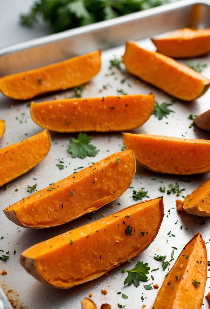 Golden sweet potato wedges on a baking sheet with a sprinkle of herbs