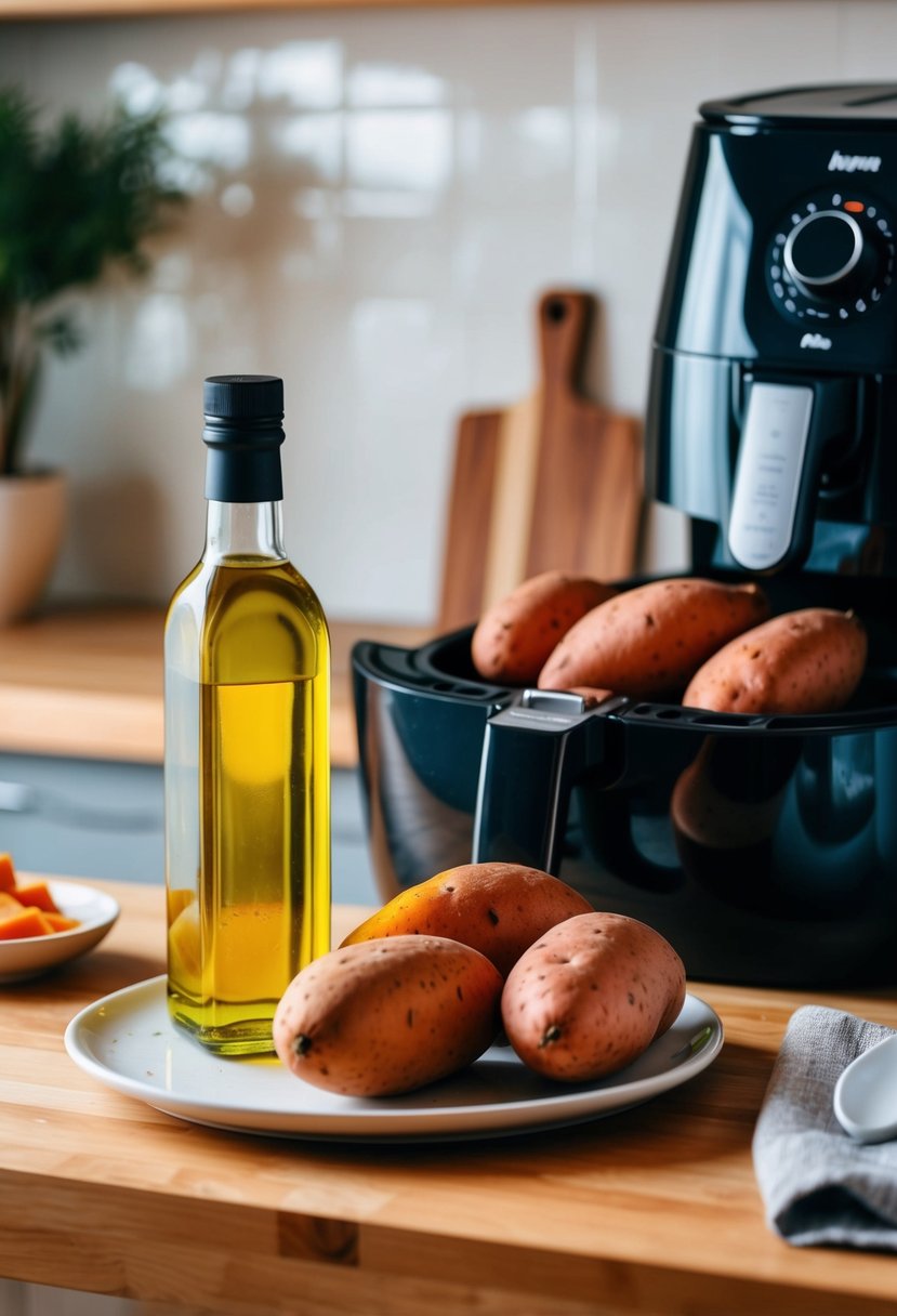 Fresh sweet potatoes and a bottle of olive oil on a kitchen counter, with an air fryer in the background