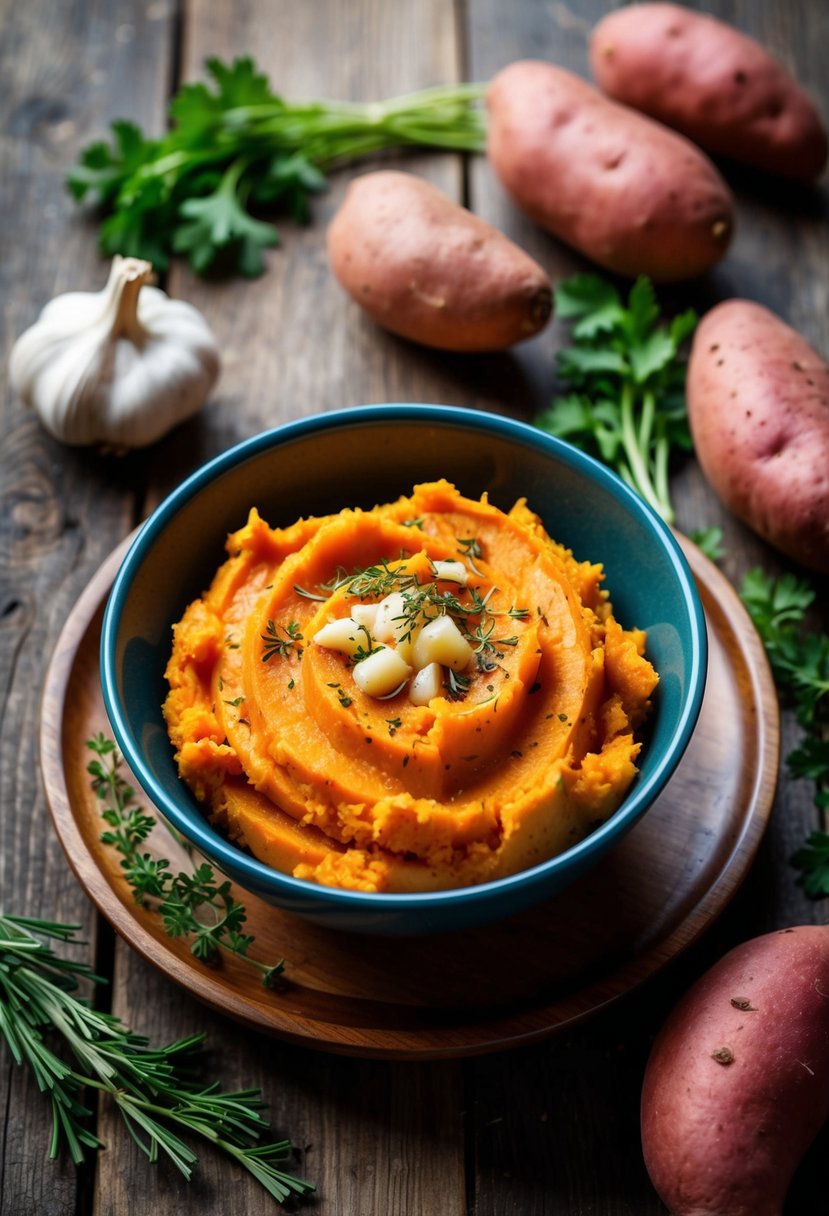 A rustic wooden table with a bowl of mashed sweet potatoes topped with garlic and herbs, surrounded by fresh sweet potatoes and herbs