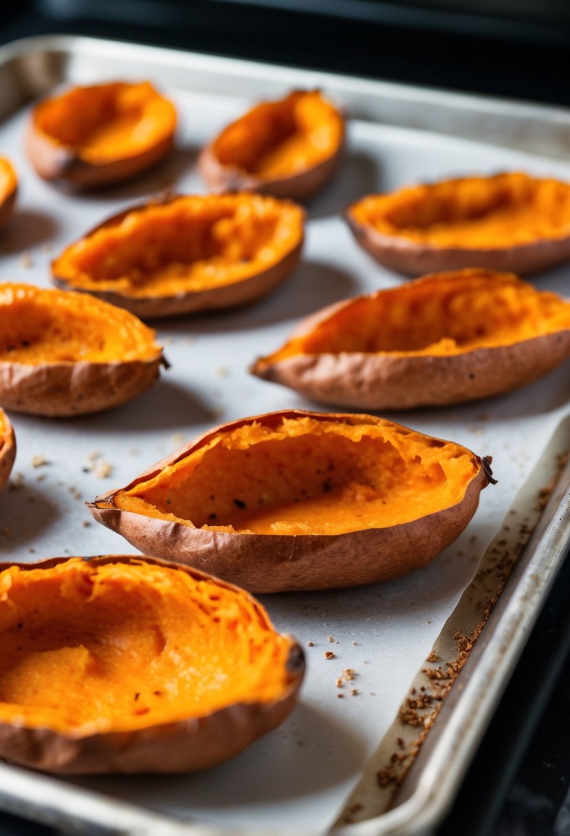 A tray of golden sweet potato skins, crispy and aromatic, fresh from the oven