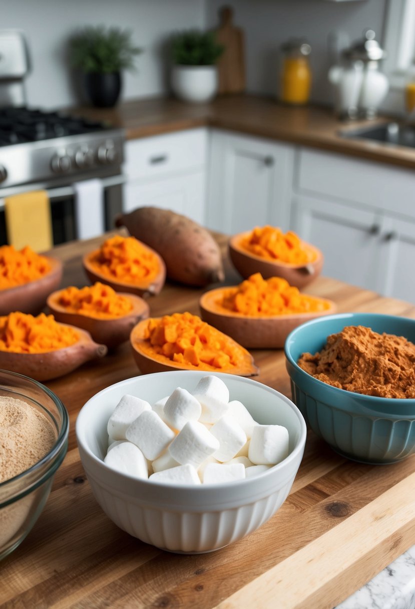 A kitchen counter with ingredients for sweet potato casserole laid out, including sweet potatoes, marshmallows, cinnamon, and a mixing bowl