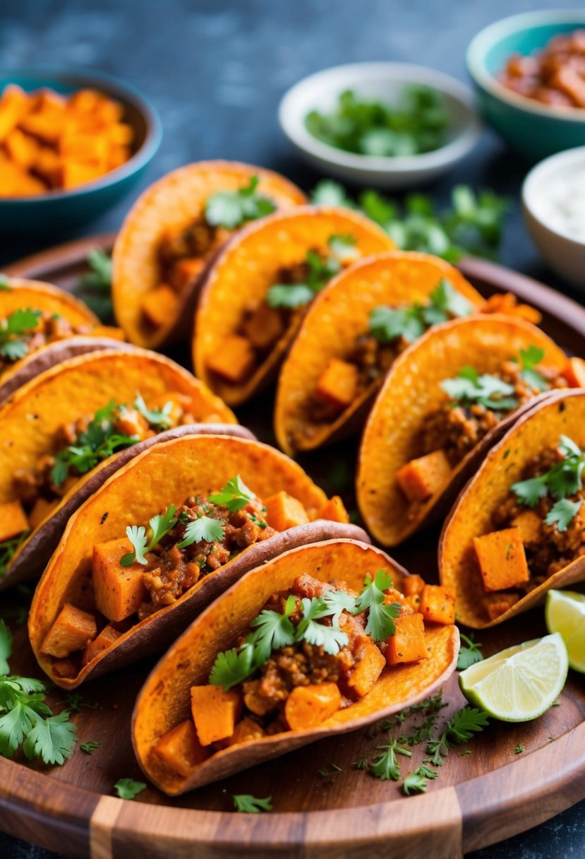 A colorful array of baked sweet potato tacos with a spicy and sweet filling, garnished with fresh herbs and served on a wooden platter