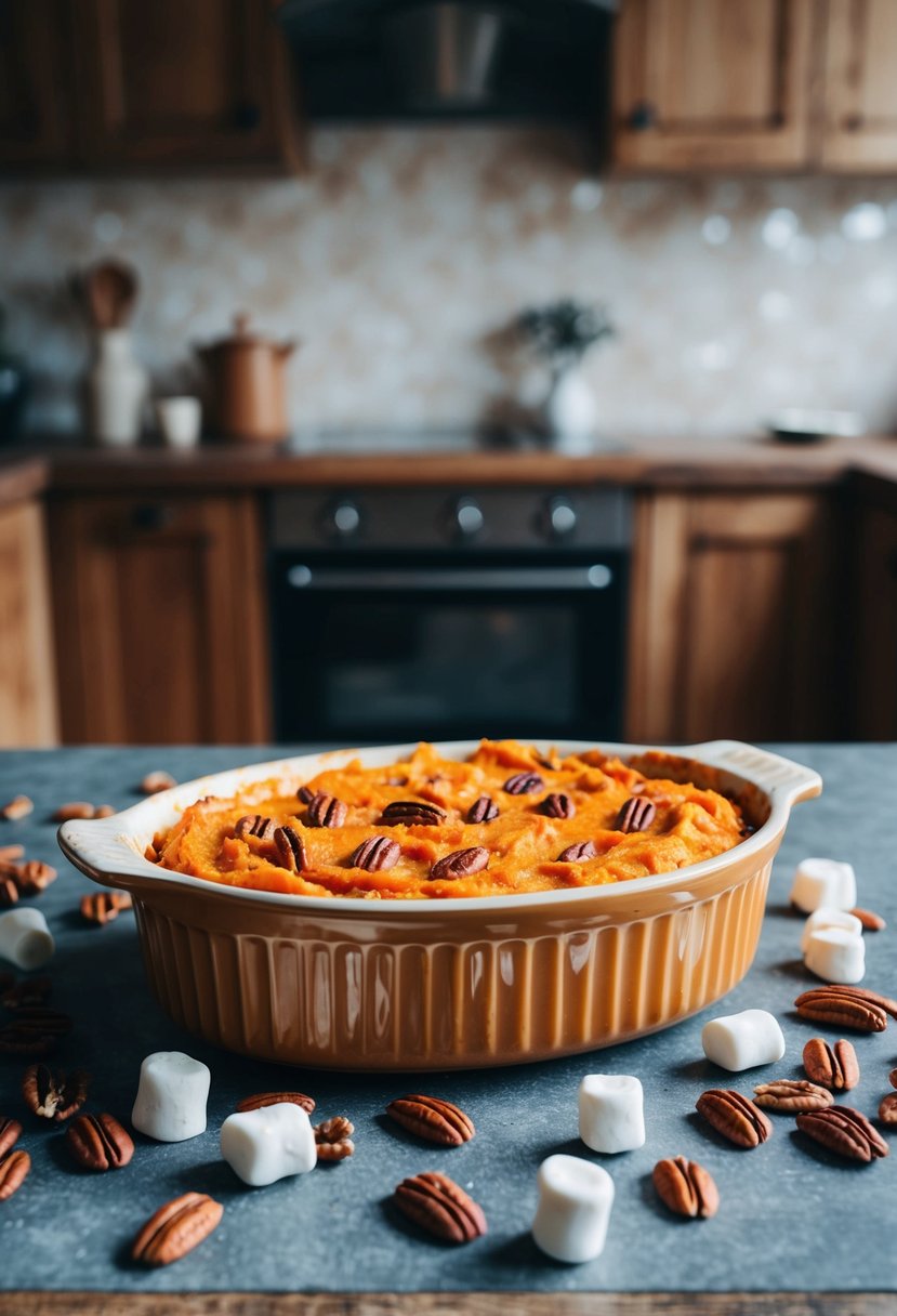 A rustic kitchen counter with a bubbling sweet potato casserole in a vintage ceramic baking dish, surrounded by scattered pecans and marshmallows