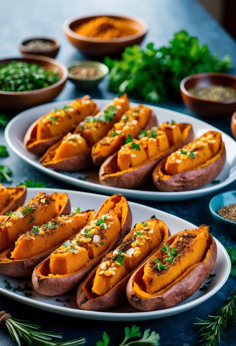 A table set with a colorful array of Mediterranean baked sweet potatoes, surrounded by vibrant herbs and spices