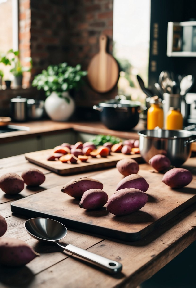 A rustic kitchen table with scattered purple sweet potatoes, a cutting board, and various cooking utensils