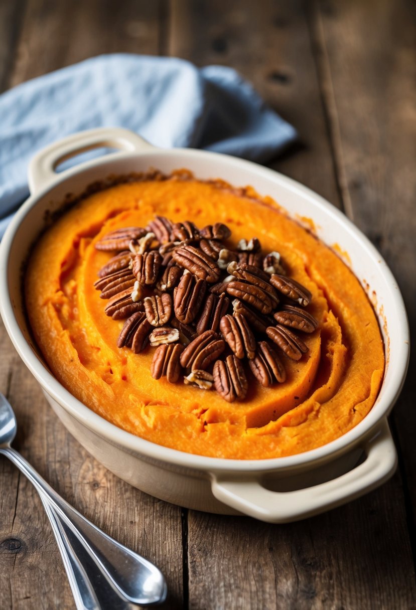 A golden-brown sweet potato casserole topped with a layer of crunchy pecans, sitting in a ceramic baking dish on a rustic wooden table