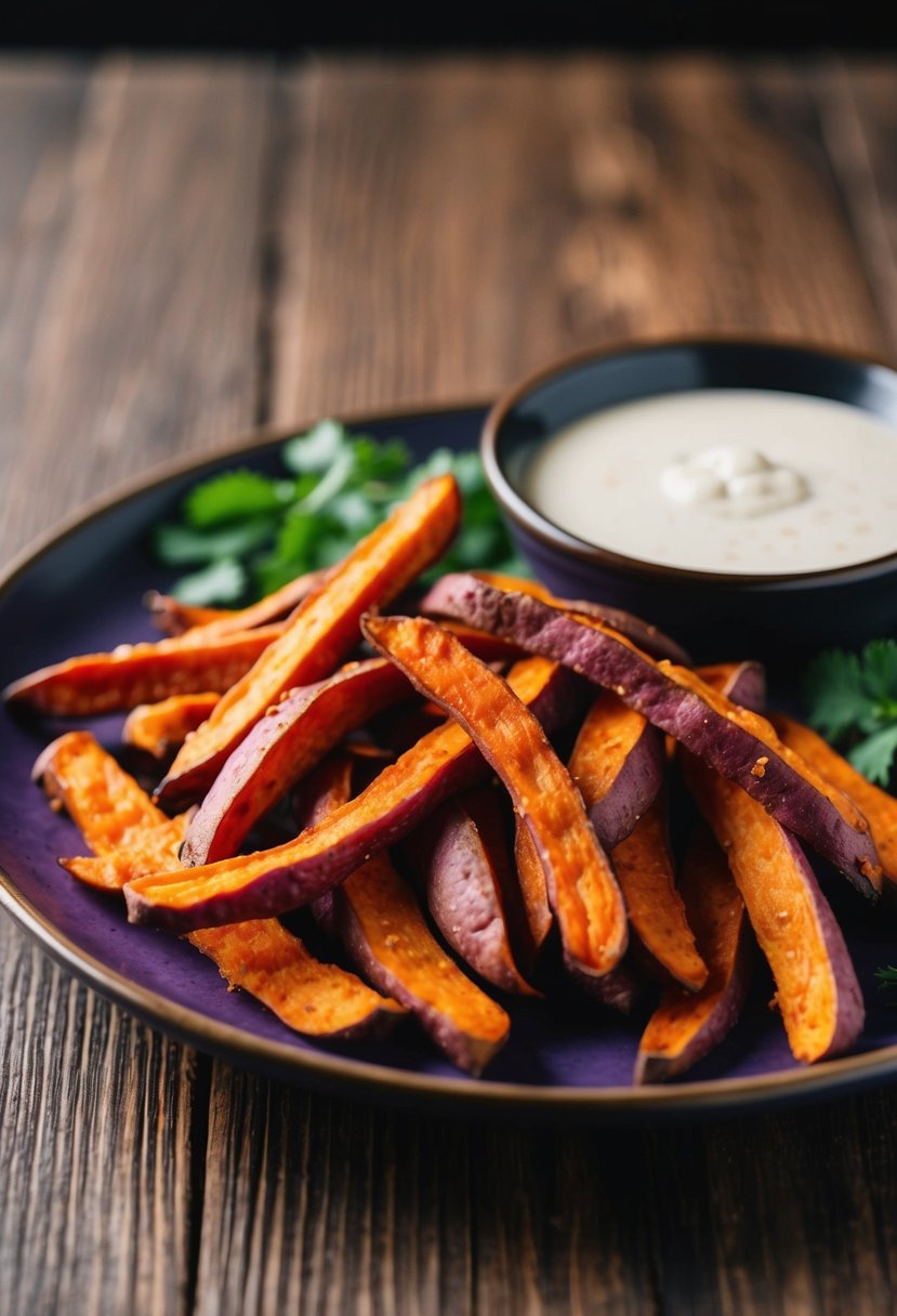 A plate of crispy purple sweet potato fries with a side of dipping sauce on a wooden table