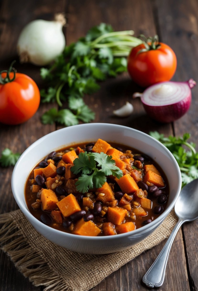 A steaming bowl of sweet potato and black bean chili sits on a rustic wooden table, surrounded by fresh ingredients like tomatoes, onions, and cilantro