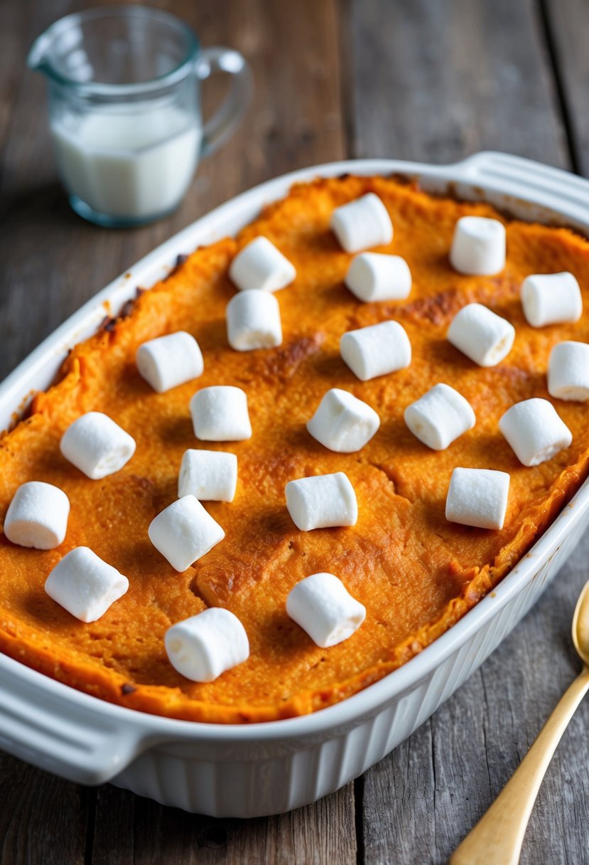 A golden-brown sweet potato casserole, covered in fluffy marshmallows, sits in a white ceramic baking dish on a rustic wooden table