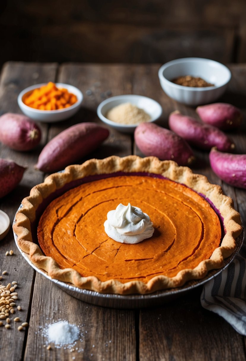 A rustic kitchen table with a freshly baked purple sweet potato pie, surrounded by vibrant purple sweet potatoes and a scattering of ingredients