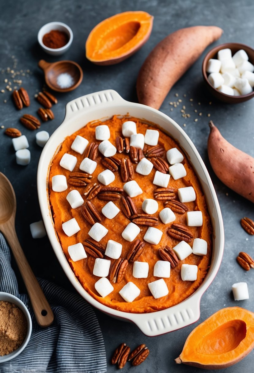 A kitchen counter with a baking dish filled with creamy sweet potato casserole topped with pecans and marshmallows, surrounded by fresh sweet potatoes and spices