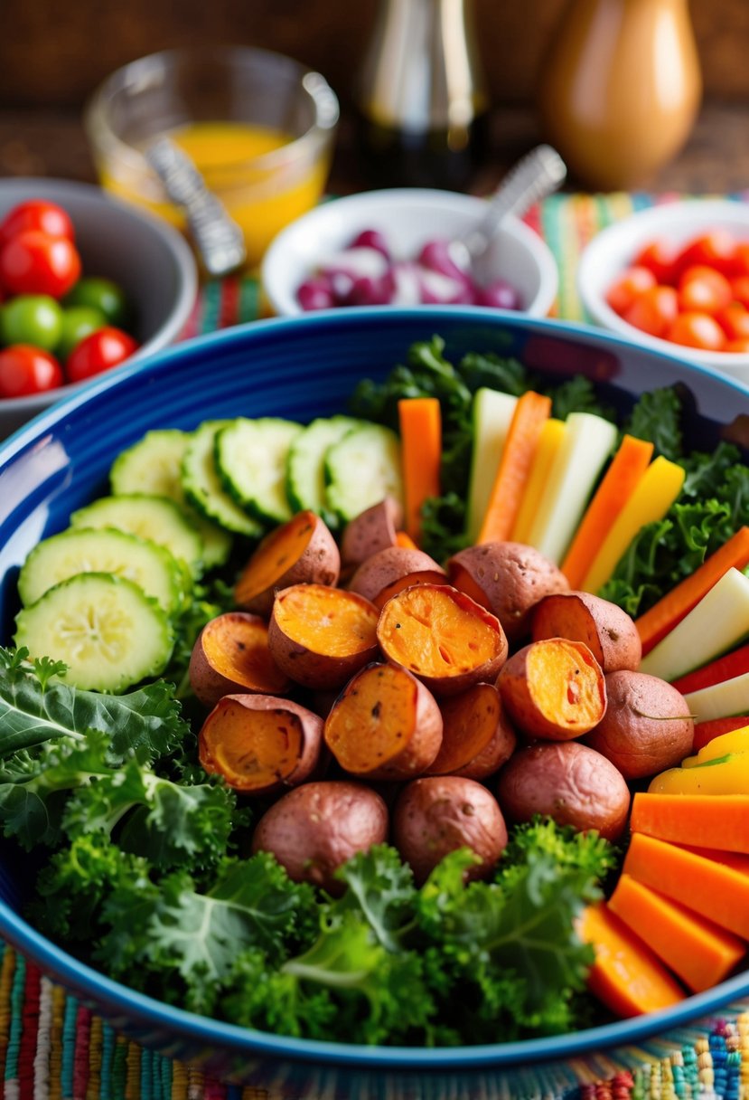 A colorful salad bowl with roasted sweet potatoes, fresh kale, and a variety of colorful vegetables arranged in an appetizing display