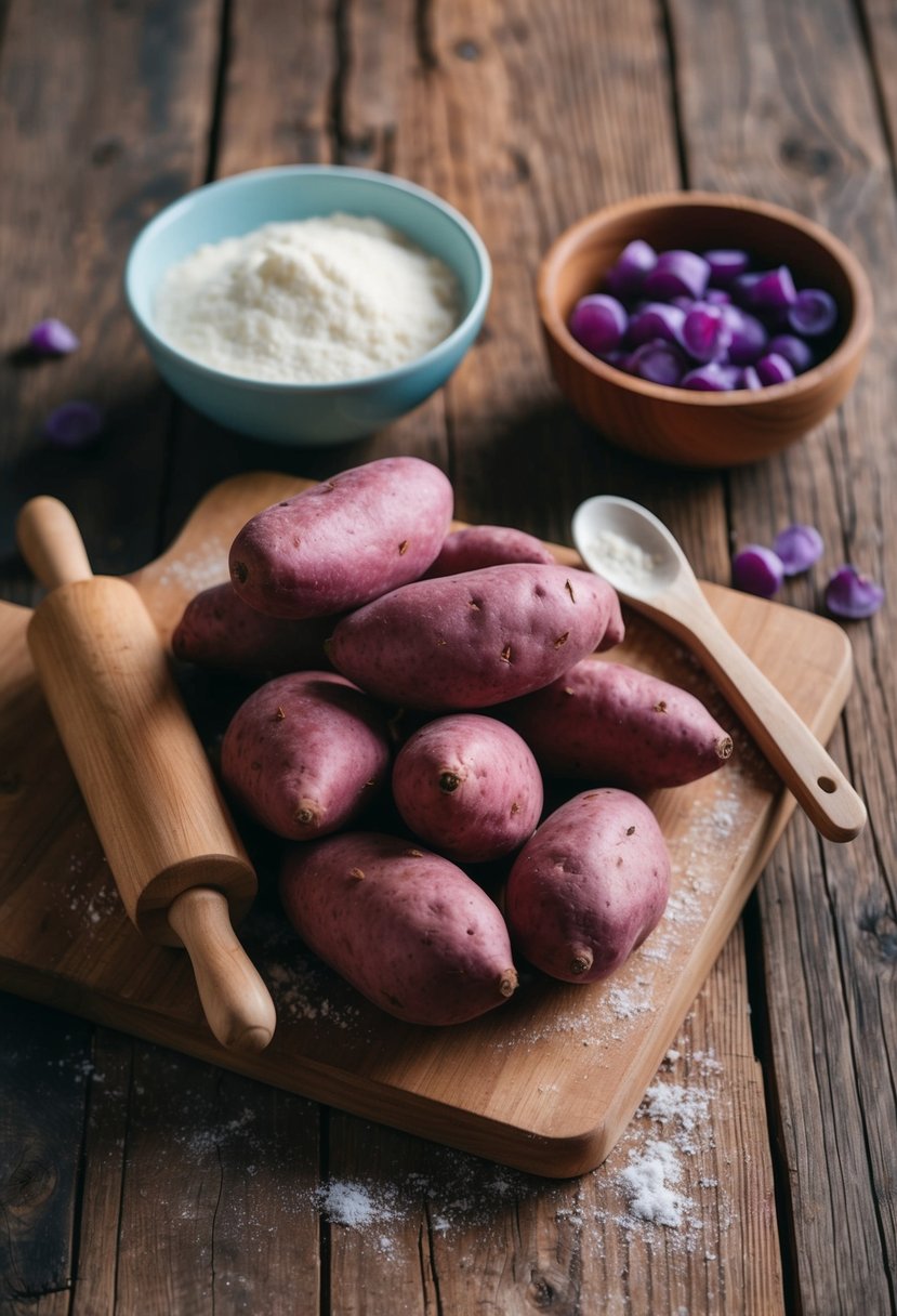 A rustic wooden table with a pile of purple sweet potatoes, a rolling pin, and a bowl of flour