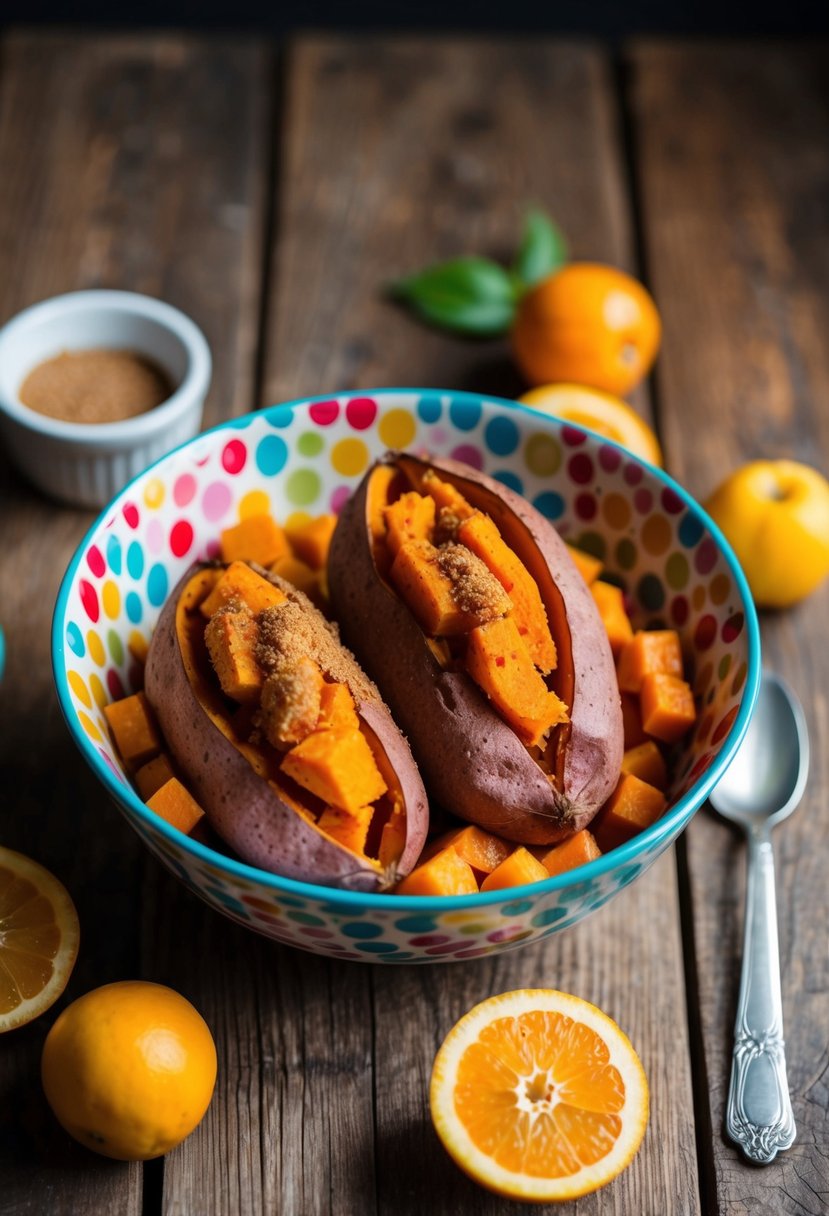 A rustic wooden table with a colorful breakfast bowl filled with baked sweet potatoes, topped with a sprinkle of cinnamon and surrounded by fresh fruit