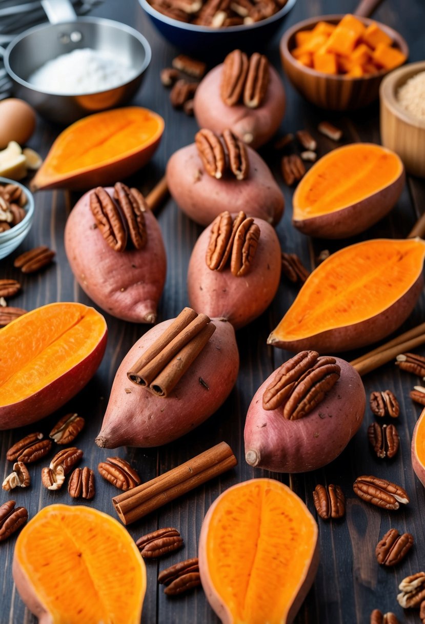 A colorful array of sweet potatoes, cinnamon sticks, and pecans arranged on a wooden table, surrounded by baking ingredients and utensils