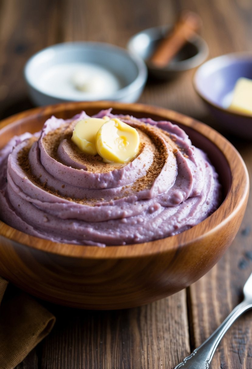 A rustic wooden bowl filled with creamy, whipped purple sweet potatoes, garnished with a sprinkle of cinnamon and a dollop of melted butter