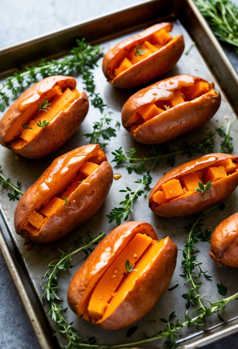 A baking sheet with golden sweet potatoes coated in a glossy maple glaze, surrounded by sprigs of fresh herbs