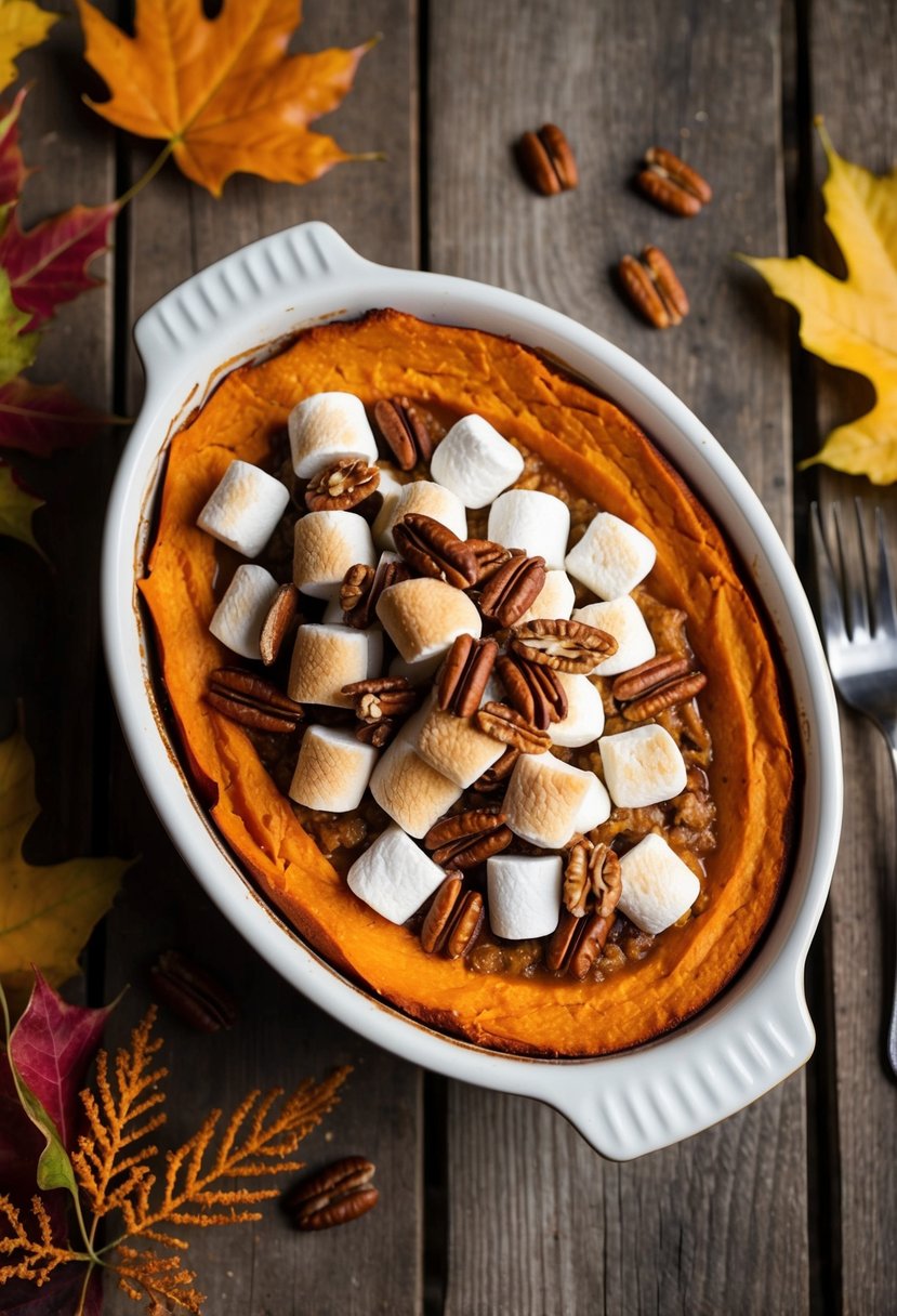 A rustic wooden table with a baked sweet potato casserole topped with marshmallows and pecans, surrounded by autumn leaves and a sprinkle of cinnamon