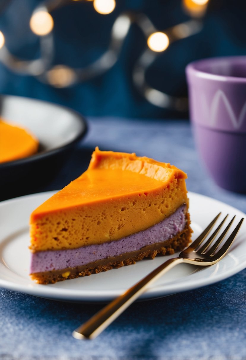 A slice of purple sweet potato cheesecake on a white plate with a fork beside it