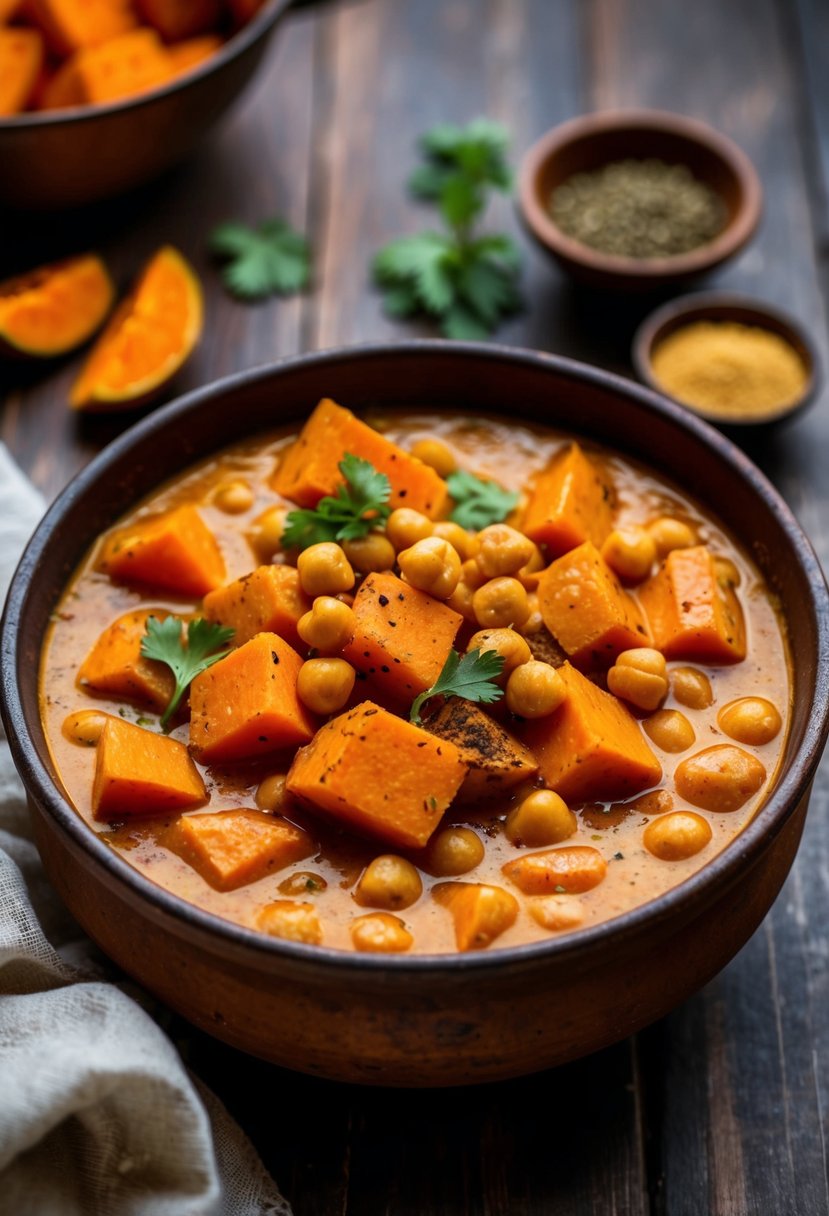 A colorful array of sweet potatoes, chickpeas, and aromatic spices simmer in a bubbling curry sauce in a rustic, earthenware pot