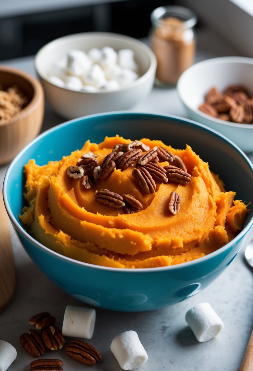 A kitchen counter with a mixing bowl filled with mashed sweet potatoes, surrounded by ingredients like brown sugar, pecans, and marshmallows