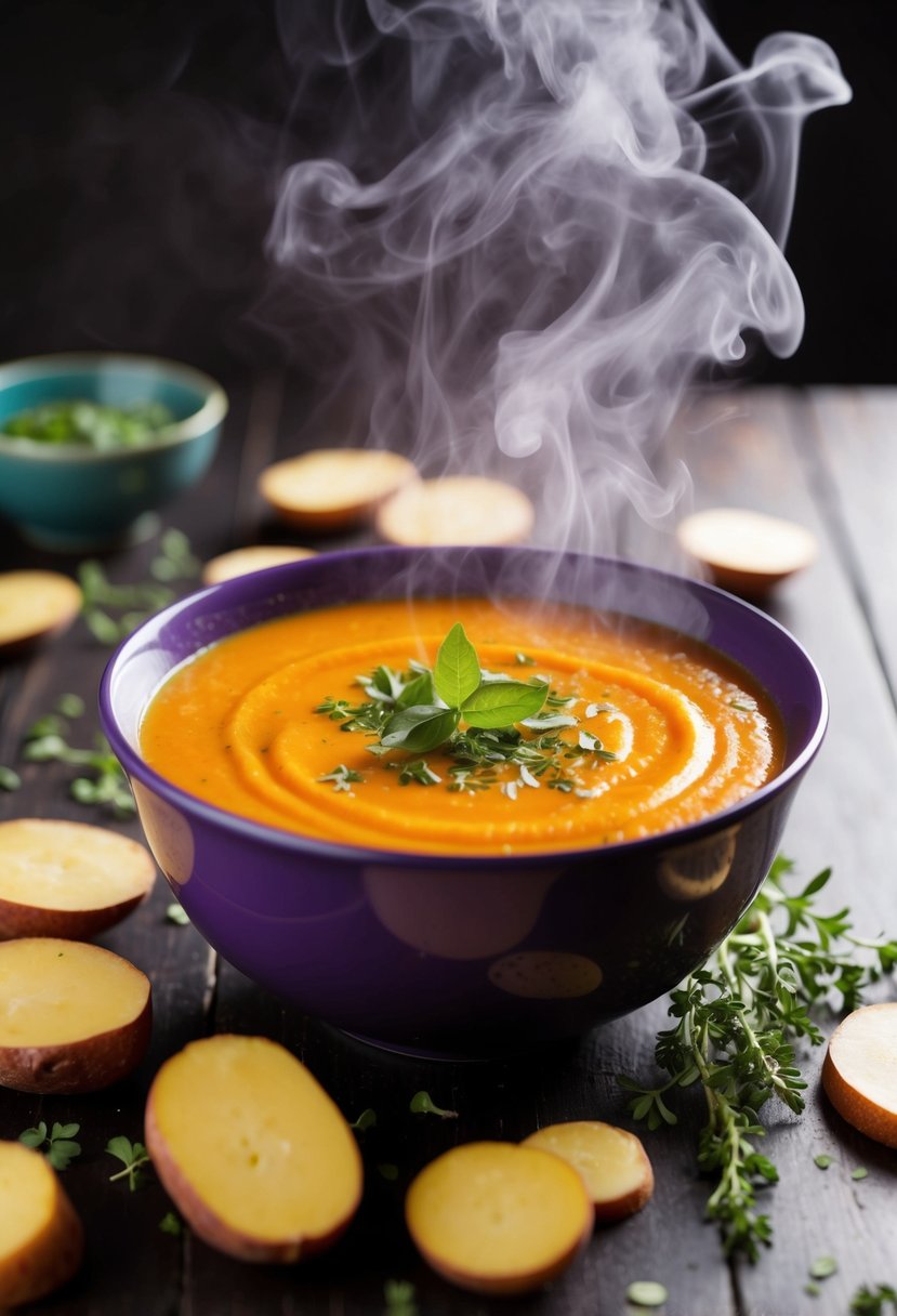 A steaming bowl of purple sweet potato soup surrounded by scattered potato slices and a sprig of fresh herbs