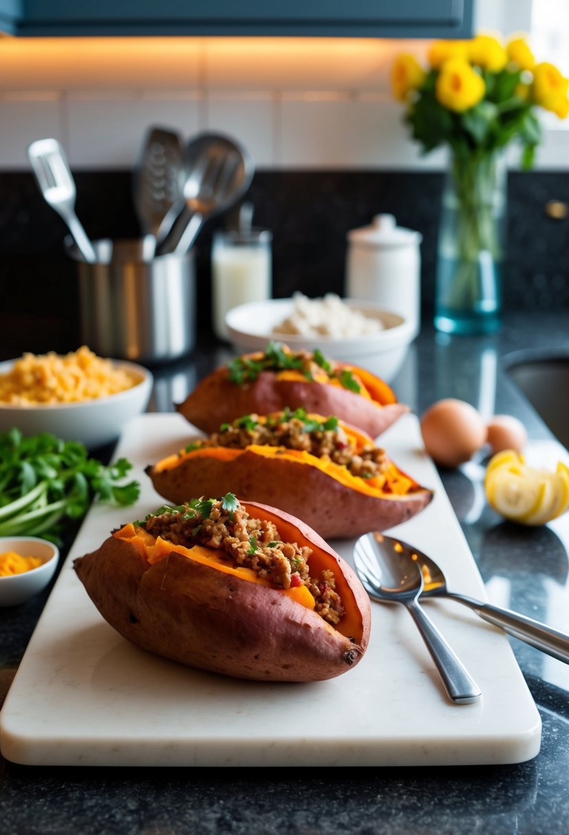 A kitchen counter with ingredients and utensils for making stuffed sweet potatoes with ground turkey