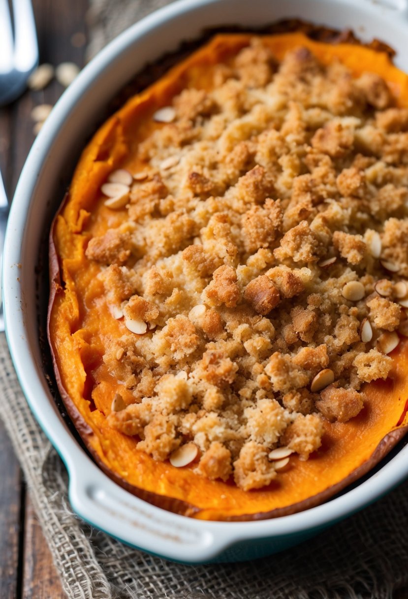 A golden-brown sweet potato casserole topped with a crunchy almond crust, sitting on a rustic, oven-safe dish