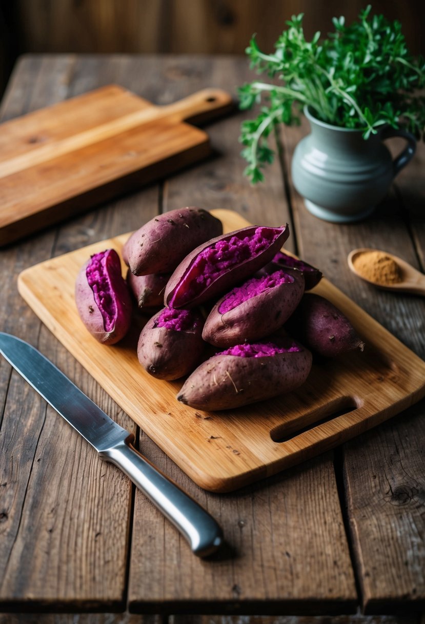 A rustic kitchen table with a pile of baked purple sweet potatoes, a cutting board, and a knife