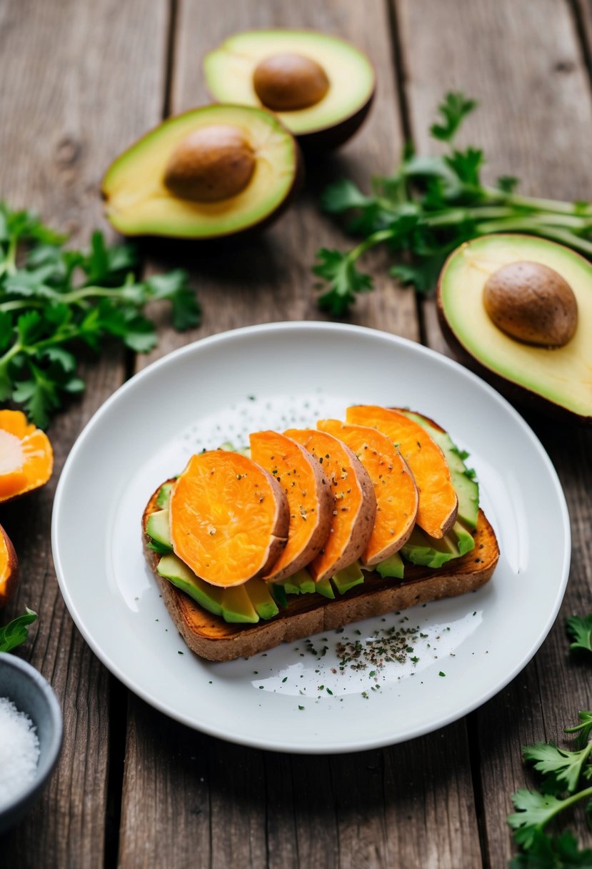 A rustic wooden table with a plate of avocado toast topped with sliced sweet potato, surrounded by fresh ingredients and a sprinkle of seasoning