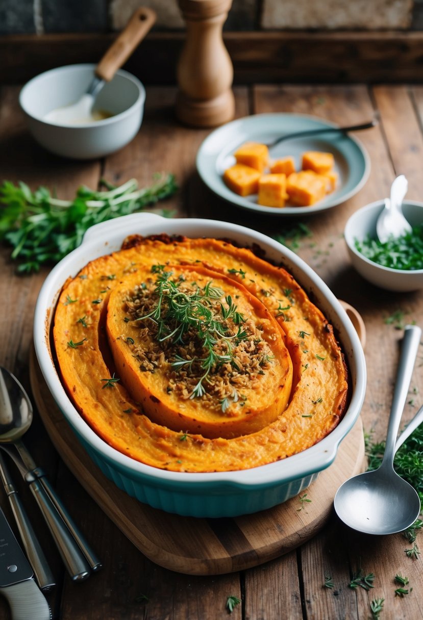 A rustic kitchen table with a golden-brown sweet potato casserole topped with fresh herbs and surrounded by scattered cooking utensils