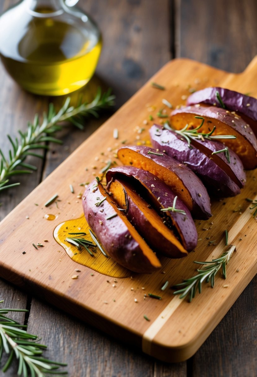 A rustic wooden cutting board with roasted purple sweet potatoes, scattered rosemary, and a drizzle of olive oil