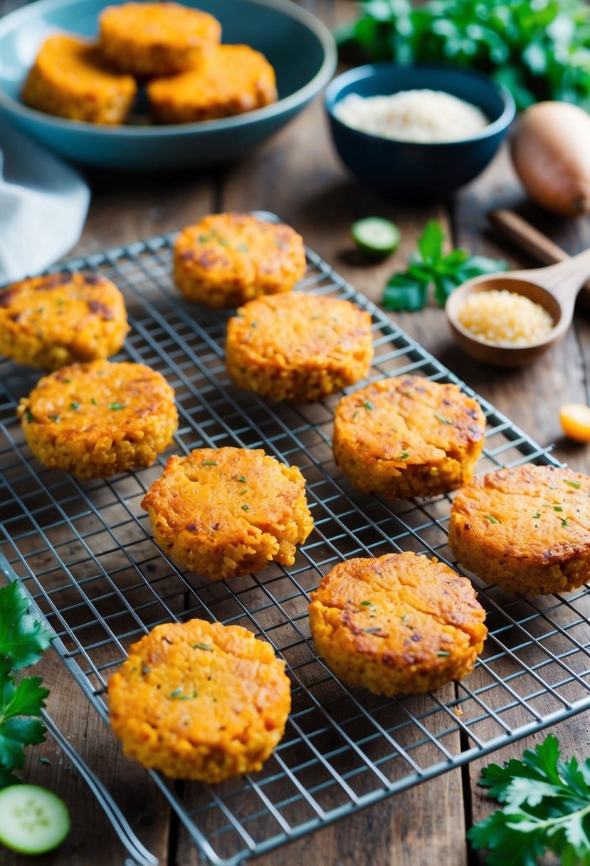 Golden sweet potato quinoa patties cooling on a wire rack, surrounded by fresh ingredients and baking utensils on a rustic wooden table