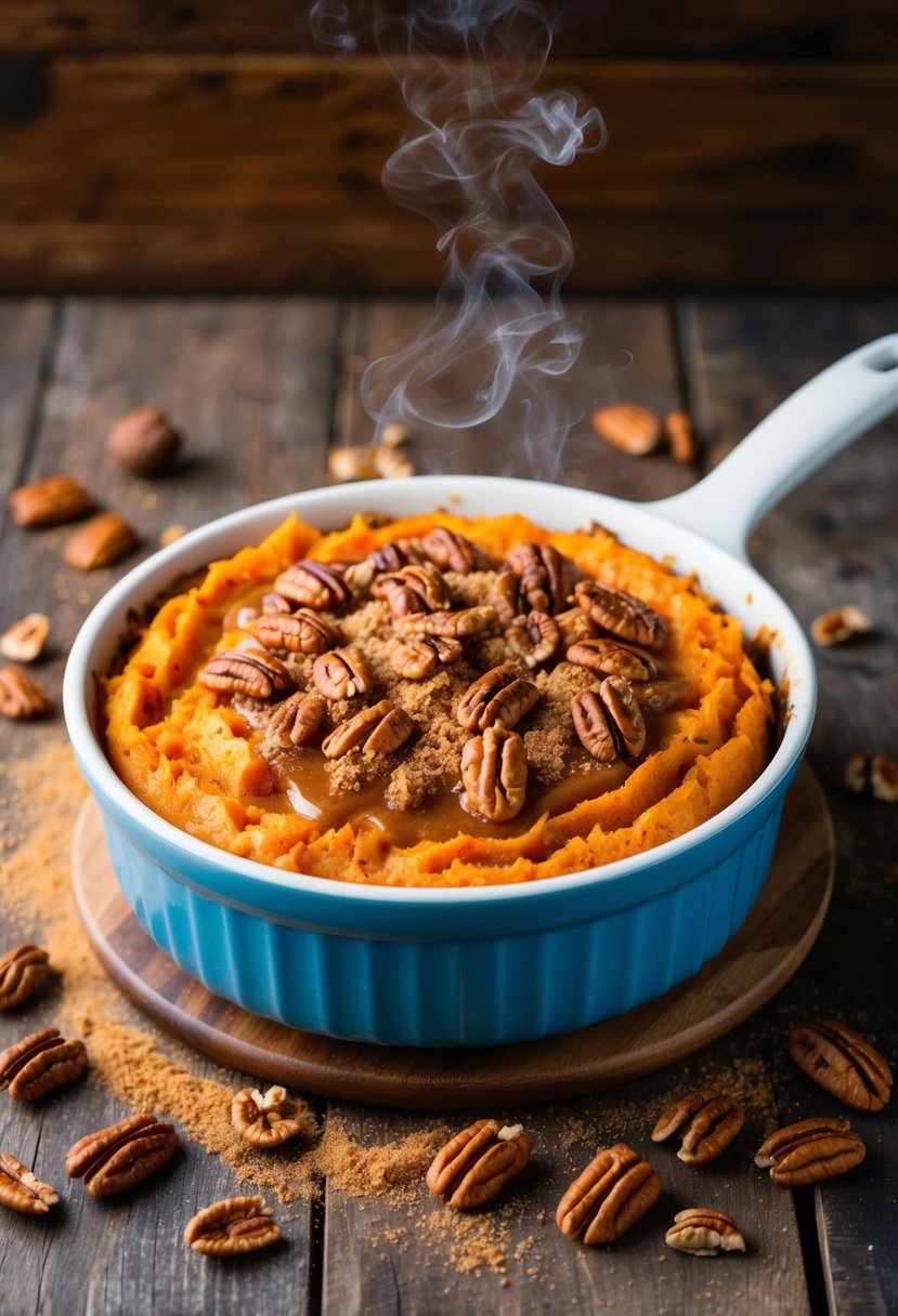 A rustic kitchen table with a steaming sweet potato casserole topped with a golden brown sugar glaze, surrounded by scattered pecans and a dusting of cinnamon