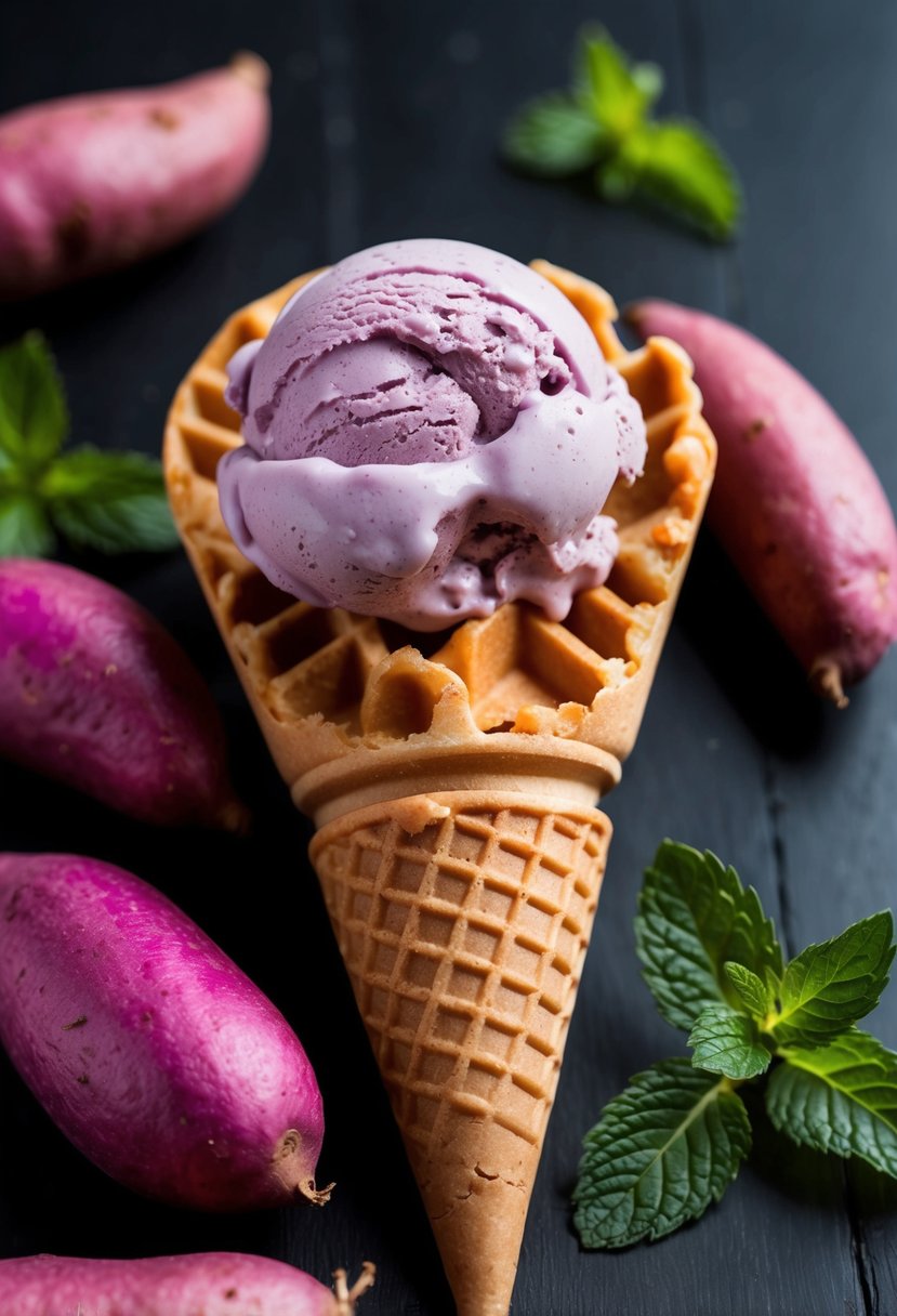 A scoop of purple sweet potato ice cream in a waffle cone, surrounded by fresh purple sweet potatoes and a sprig of mint