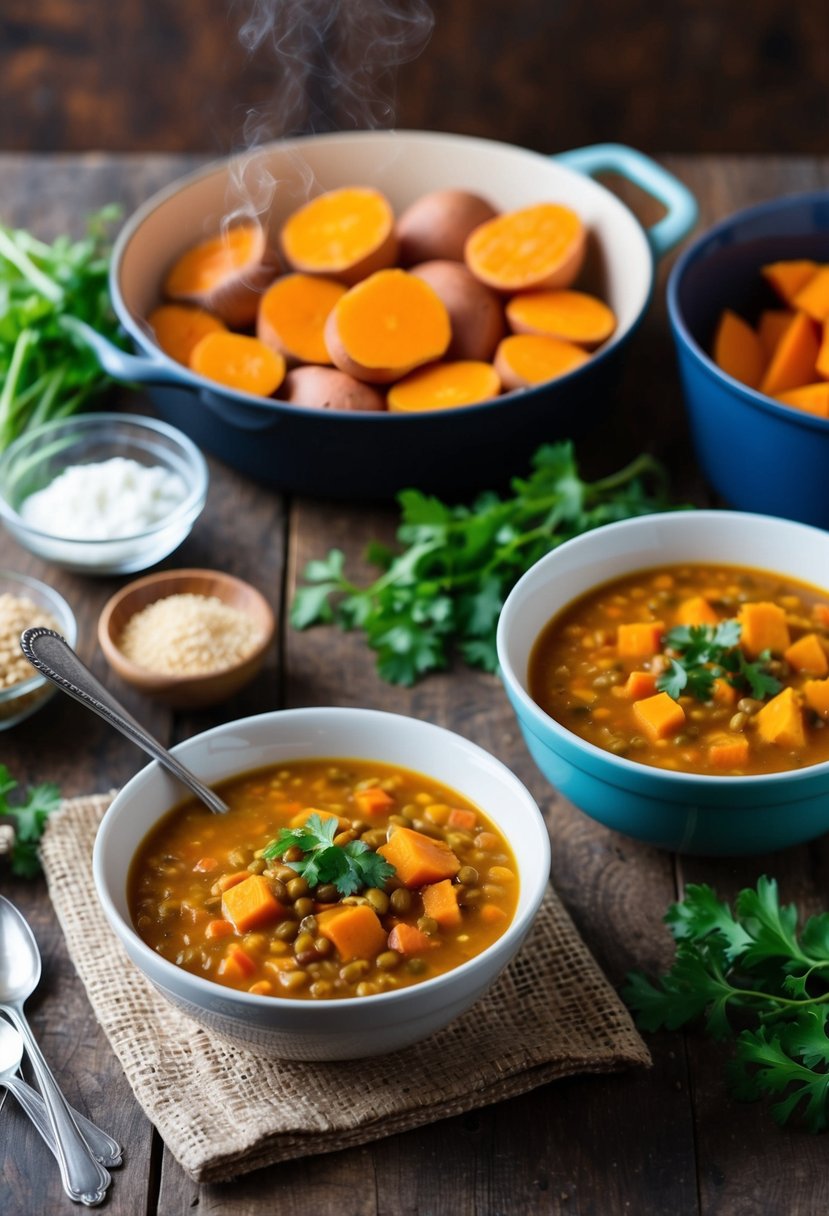 A rustic kitchen counter with a steaming bowl of sweet potato lentil soup, surrounded by fresh ingredients and a baking dish of sweet potatoes